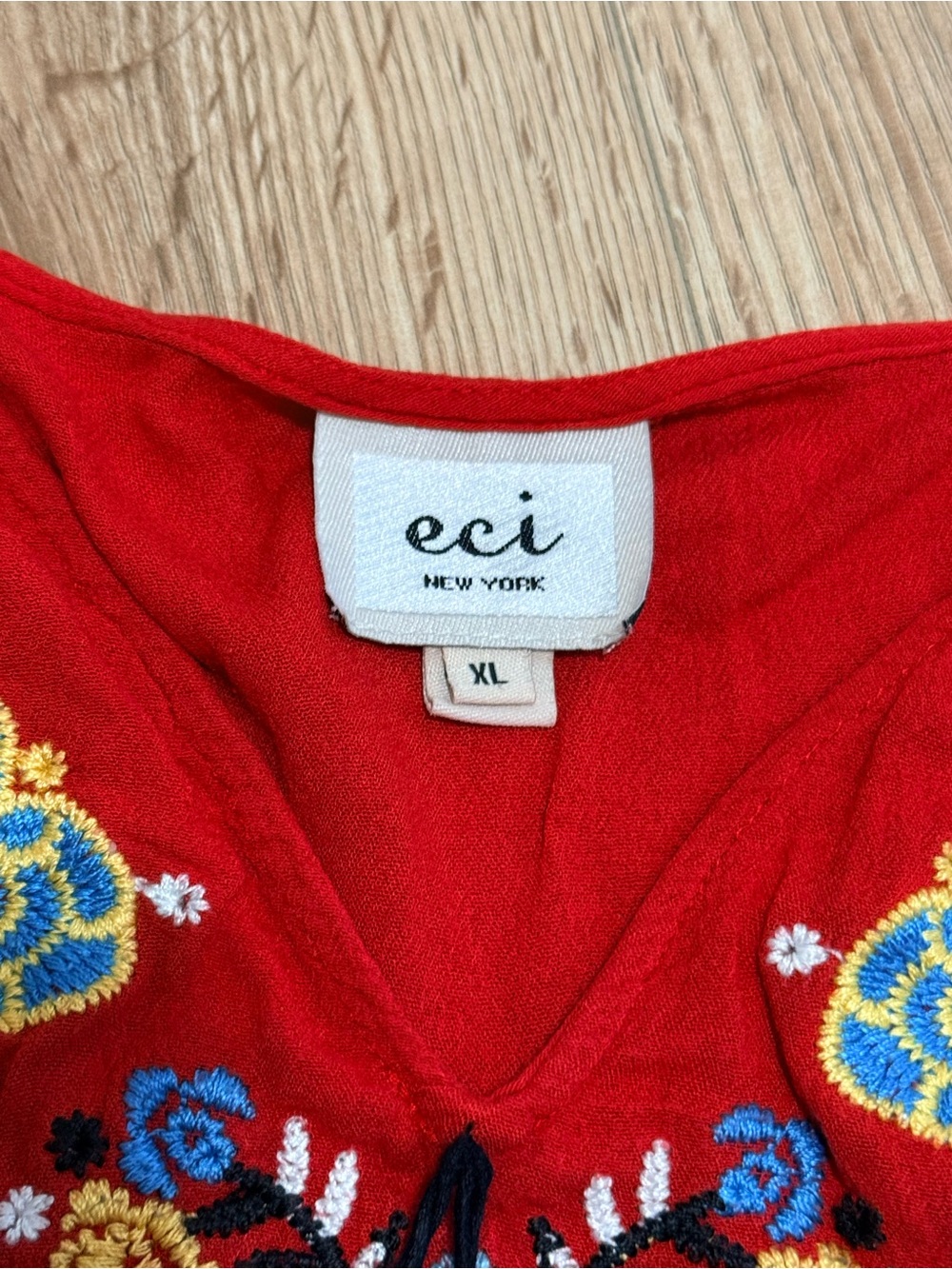 Red Embroidered Boho Peasant Blouse Women's XL Bell Sleeve Tassel Floral - Picture 3 of 6